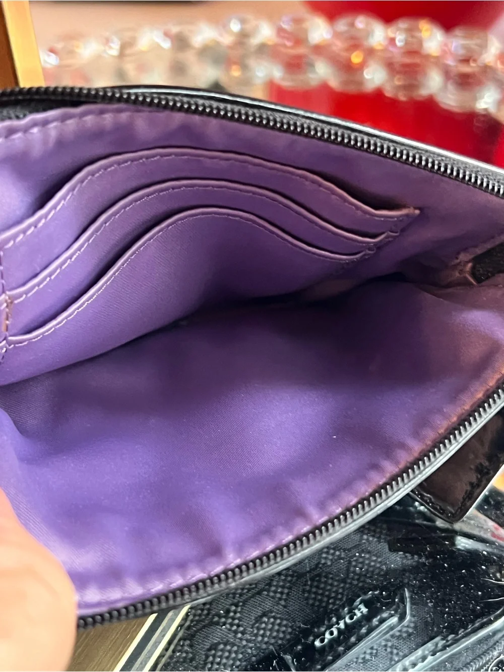 Coach Black Signature with Patent Trim double zipper wristlet